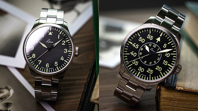 Flieger - Laco Augsburg (A) y Aachen (B) cepillado y fondo negro (39 y 42mm, 390€, alemán) (grabar en lateral FL23883)