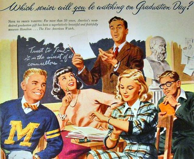 1950s-vintage-HAMILTON-WATCH-advertisement-illustration-college-men-women-professor